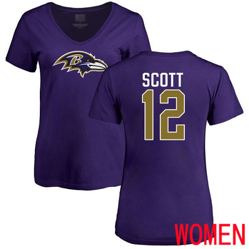 Baltimore Ravens Purple Women Jaleel Scott Name and Number Logo NFL Football #12 T Shirt